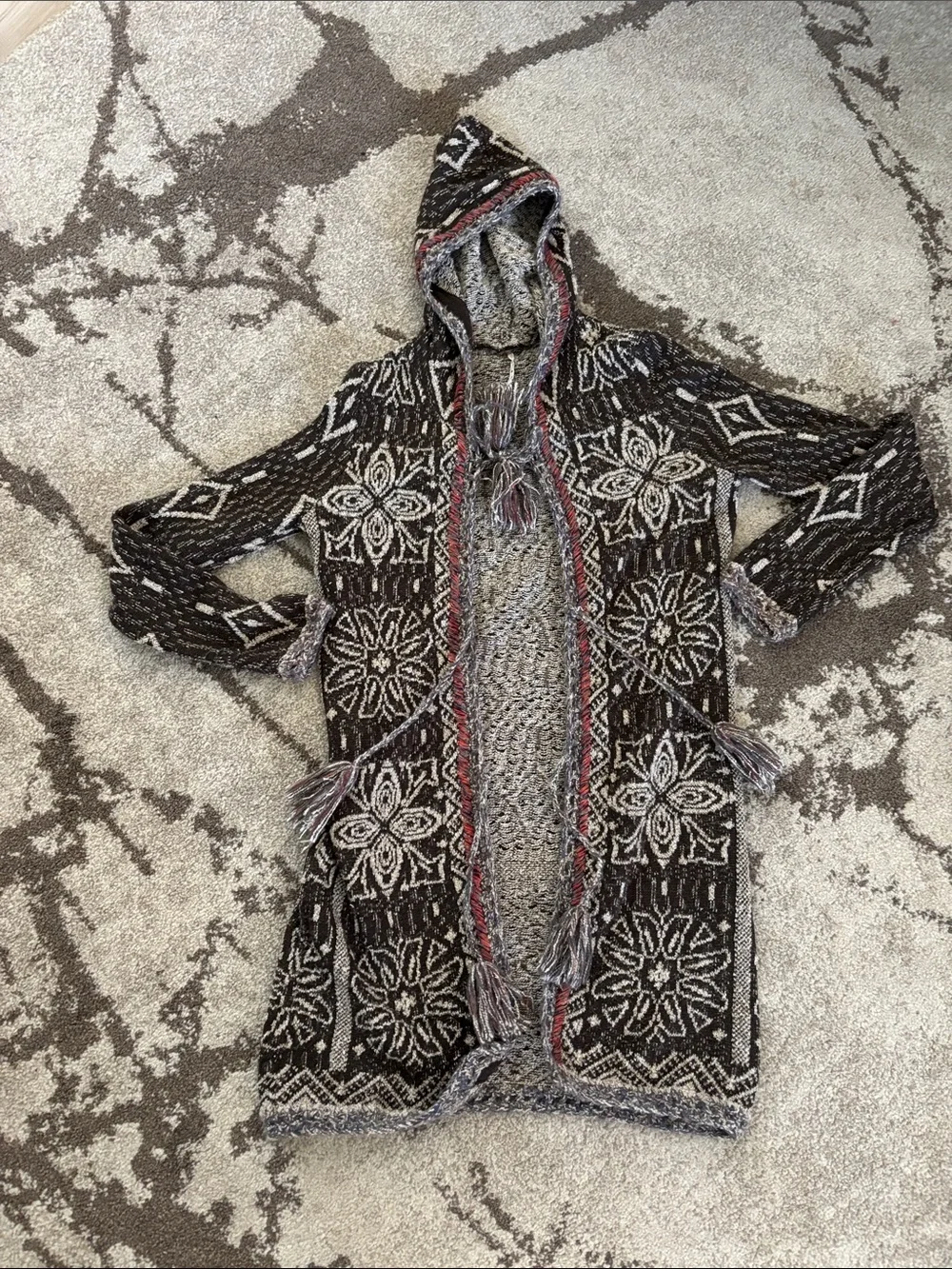 Free People - Kai Tassel Pom Pom Tapestry Hooded Long Cardigan Bojo Chic